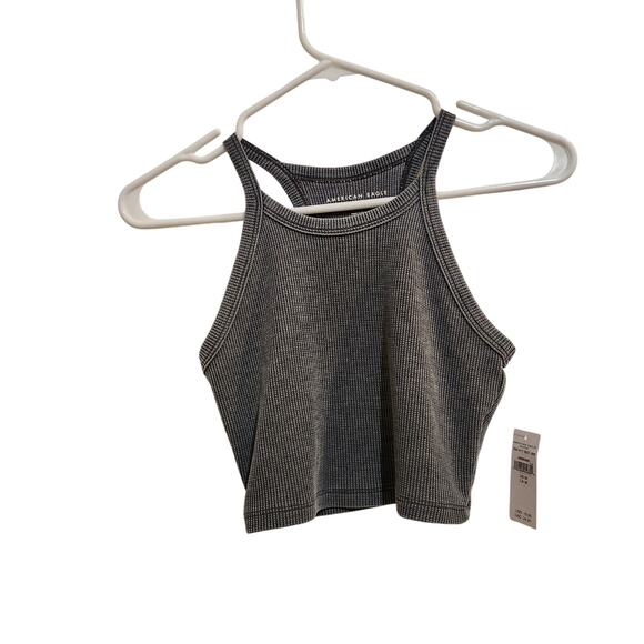 American Eagle Gray Knit Rib Racerback High Neck Casual Crop Tank Top Medium - Picture 1 of 7